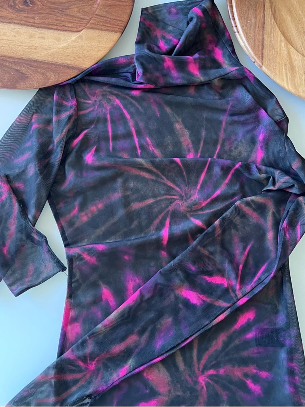 Sheer Black Mesh Top with Pink Tie-Dye Swirl